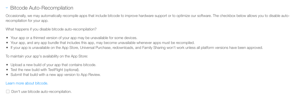 Bitcode Auto-Recompilation in iTunes connect