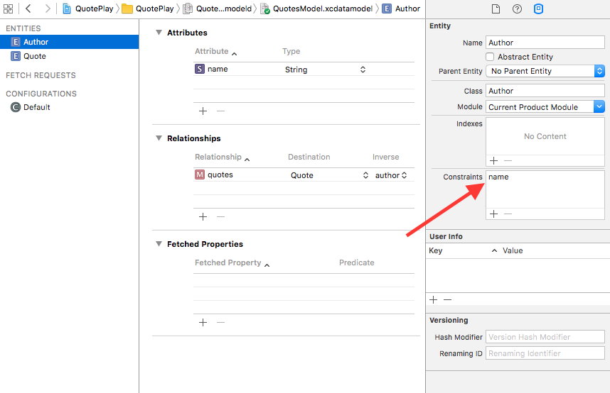 Setting a constraint in Core Data